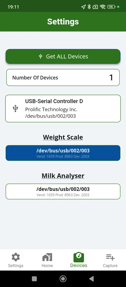 The AMCC app with a milk analyser and a weighing scale