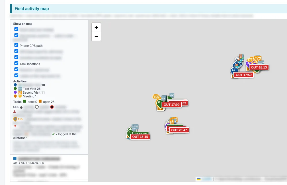 Sales activity map: road route, GPS beats and numbered visits