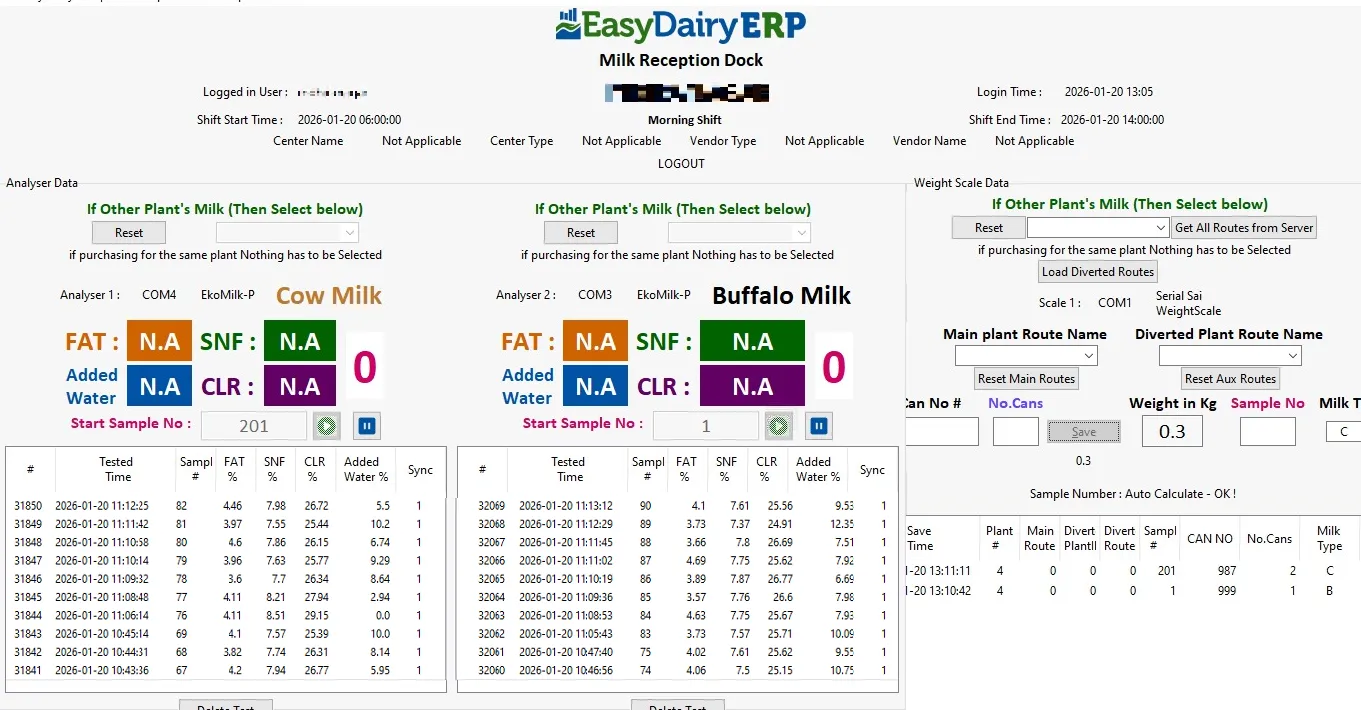 Cow and buffalo milk on one screen with dual analysers and a scale