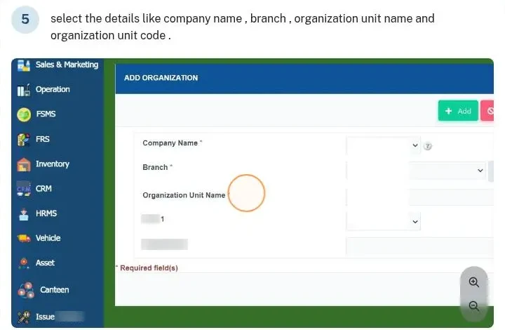 Adding an organisational unit: company, branch, unit name and code (docs guide)