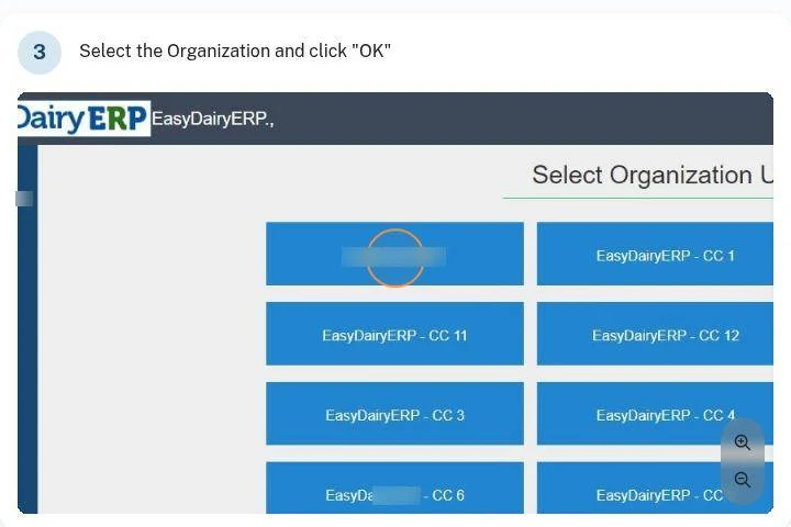 After signing in, the user selects the organisation to work in (docs guide)