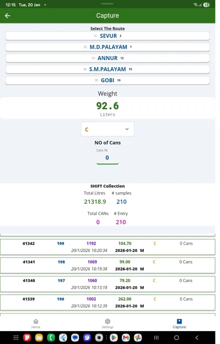 Chilling Center app: route-wise milk capture