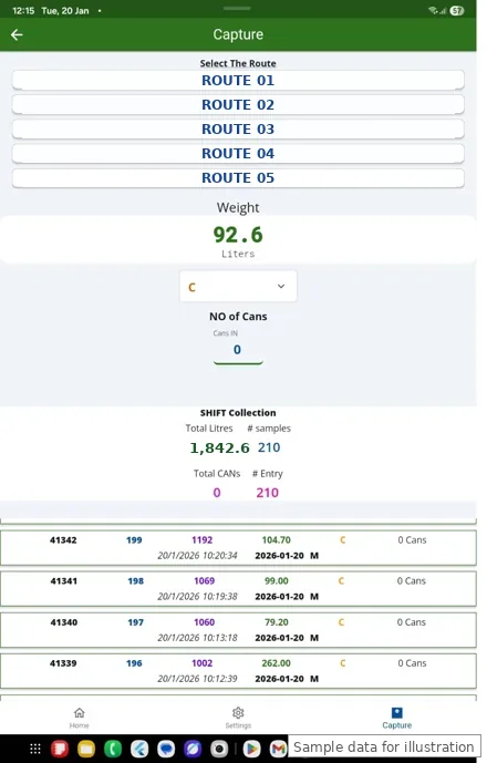 Chilling Center app: route-wise milk capture