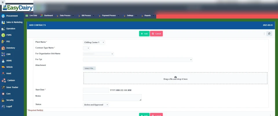Add Plant / CC and plant contract