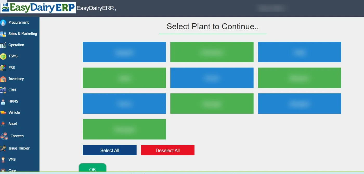 Selecting plants and org units at the top of the screen